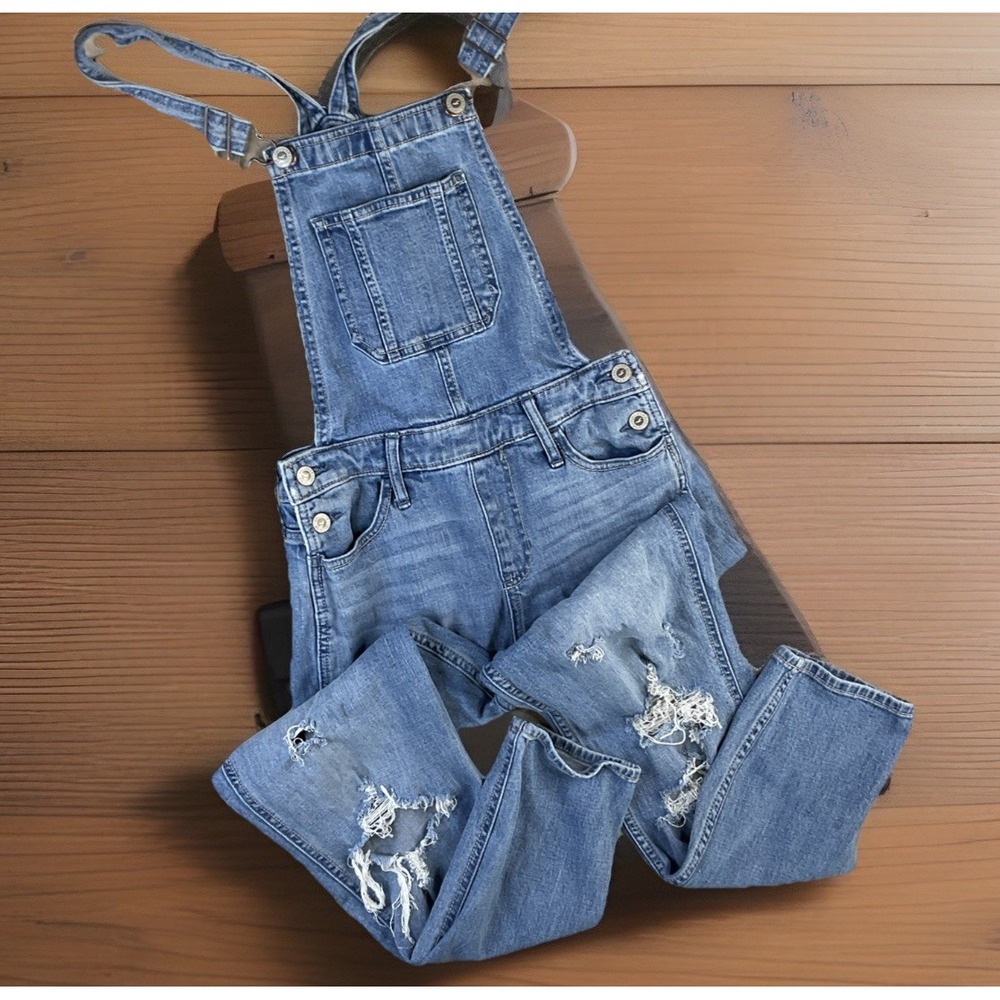 Hollister Boyfriend Overalls Women Sz XS Denim Distressed Y2K Hippie Jean Bib